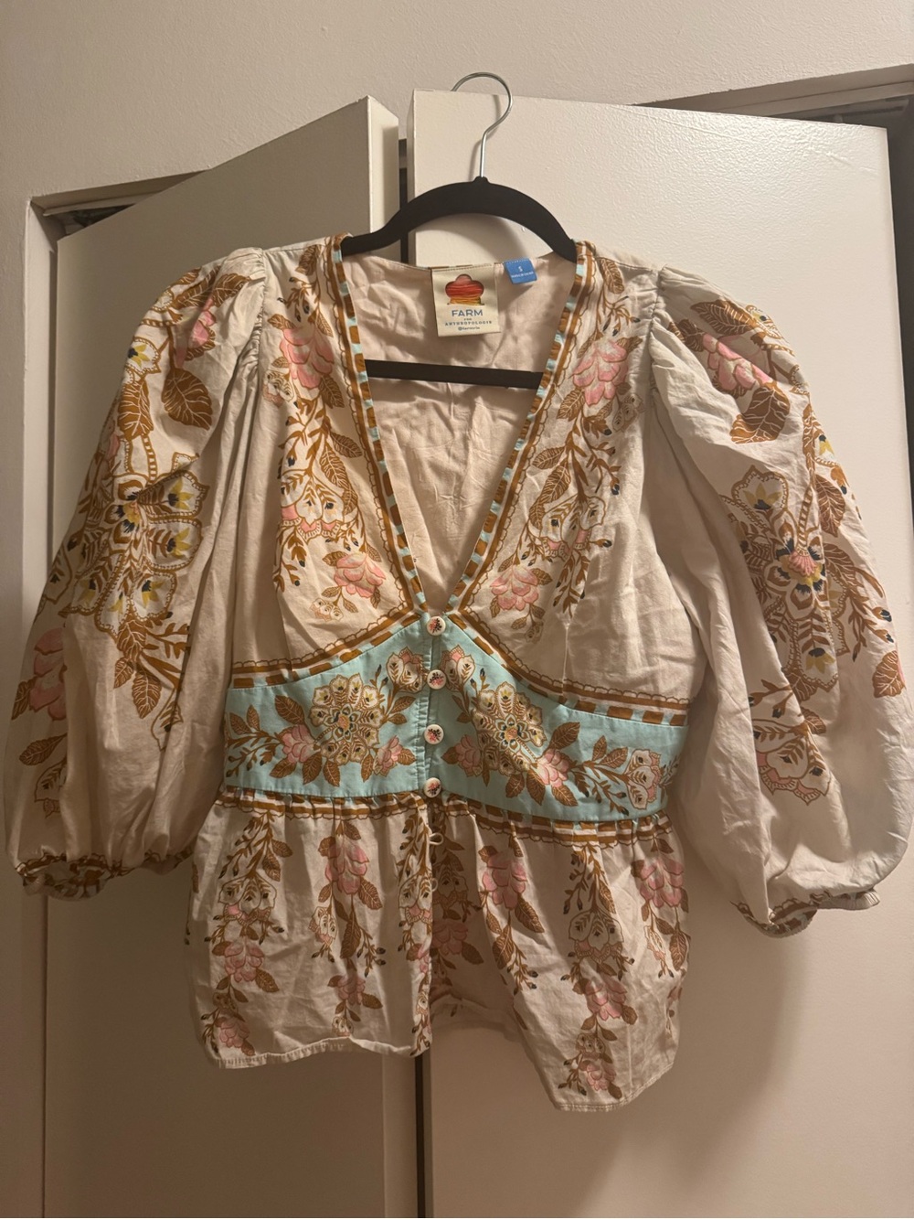 FARM Rio Cream Blouse with Aqua Embroidered Waist and Pink Floral Accents